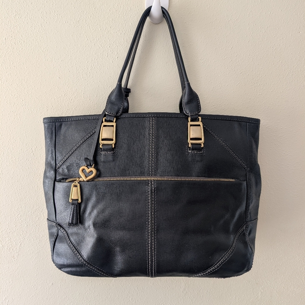 Brighton Black Leather Shoulder Bag Large Gold Hardware Front Zip Pocket Tote